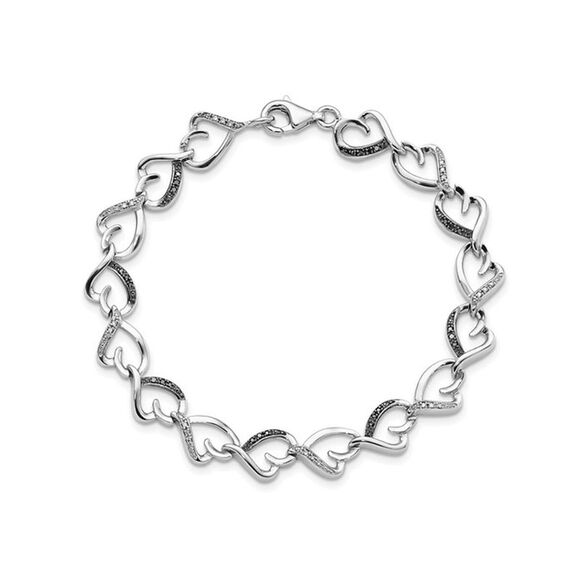 1/8 Carat (ctw) Black and White Diamond Heart Bracelet in Sterling Silver